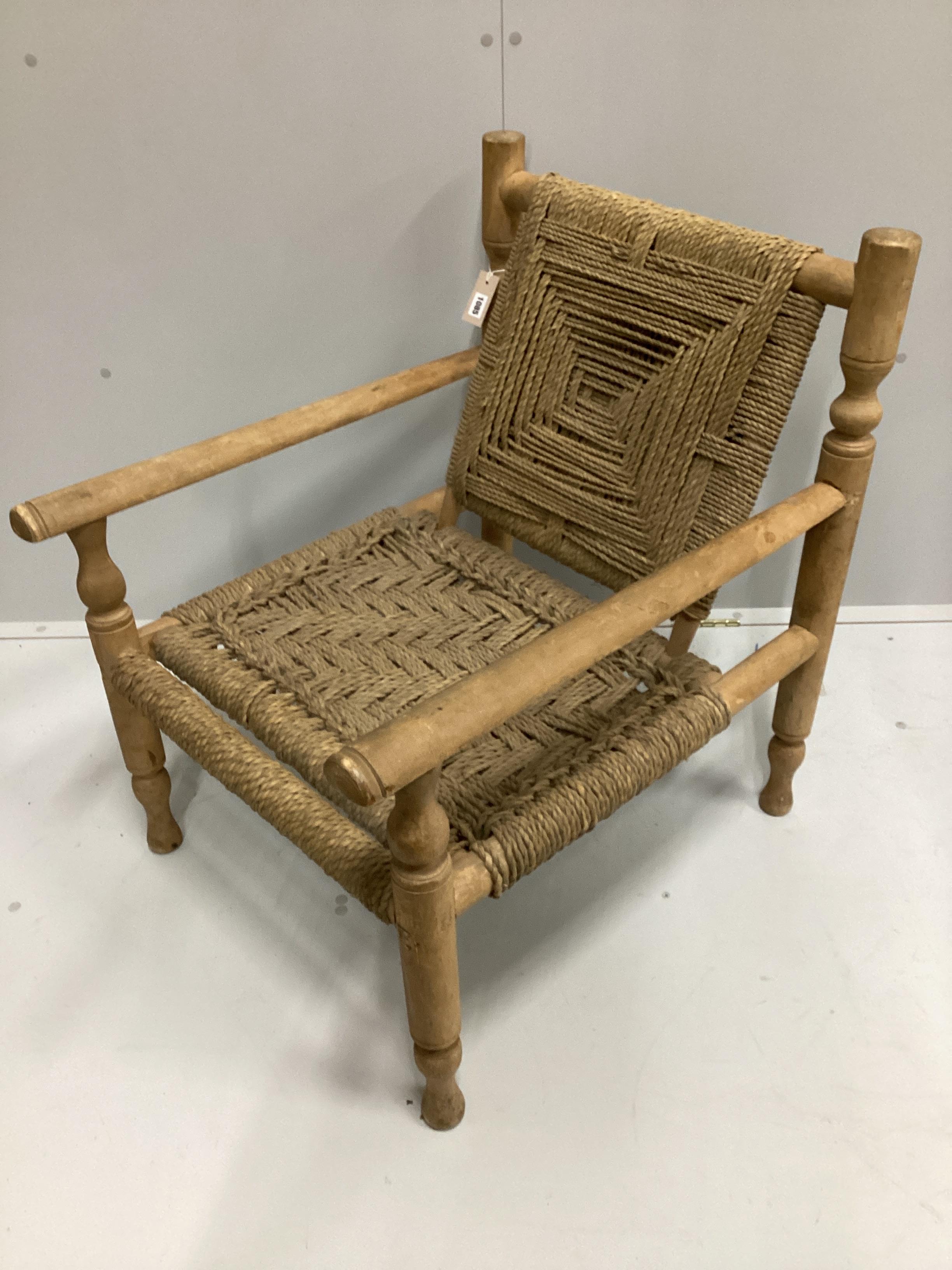 In the manner of Adrien Audoux and Frida Minet a sisal weave beech elbow chair, width 63cm, depth 74cm, height 81cm.